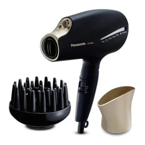 The Panasonic EH-NA9J hairdryer with diffuser in black and champagne gold uses Nanoe and Double Mineral Technology to reduce frizz, damage, and split ends for healthier, shinier hair.