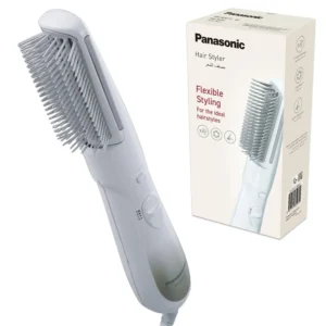 The Panasonic hair styler blow brush features a slim design and rubber sides to catch hair for effective styling with quiet operation.