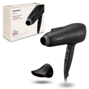 The Panasonic ionic hair dryer in black, featuring air boost technology for fast, smooth, and healthy hair drying, and includes a styling nozzle.