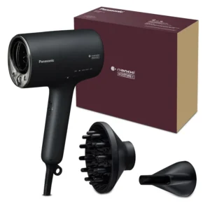The Panasonic Nanoe hair dryer in black and champagne gold comes with a diffuser attachment and uses moisture and mineral technology to reduce damage and flyaways, drying hair faster.