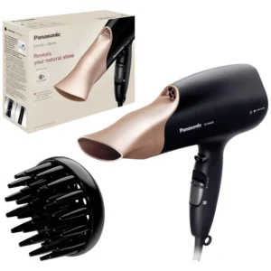 Panasonic EH-NA63 hair dryer in black and rose gold with nanoe technology for smooth, shiny hair, featuring diffuser and styling nozzle attachments.
