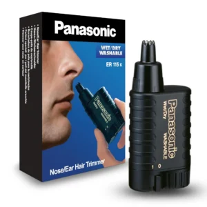 The Panasonic ER115 nose and ear hair trimmer features a circular blade system for safe and effective wet or dry hair removal.