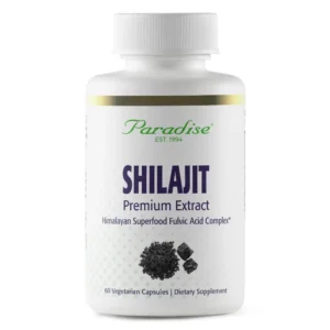 Bottle of Paradise Herbs Shilajit vegetarian capsules, a nutritional supplement.