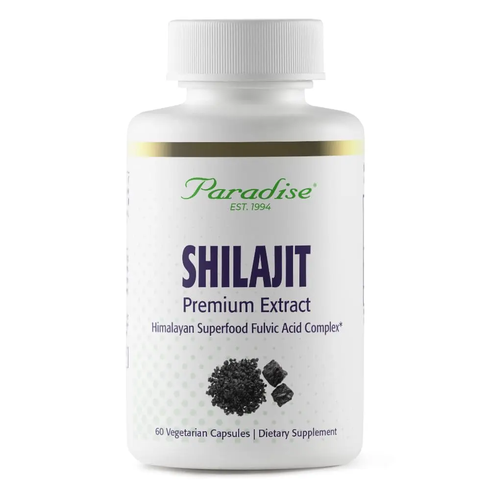 Bottle of Paradise Herbs Shilajit vegetarian capsules, a nutritional supplement.