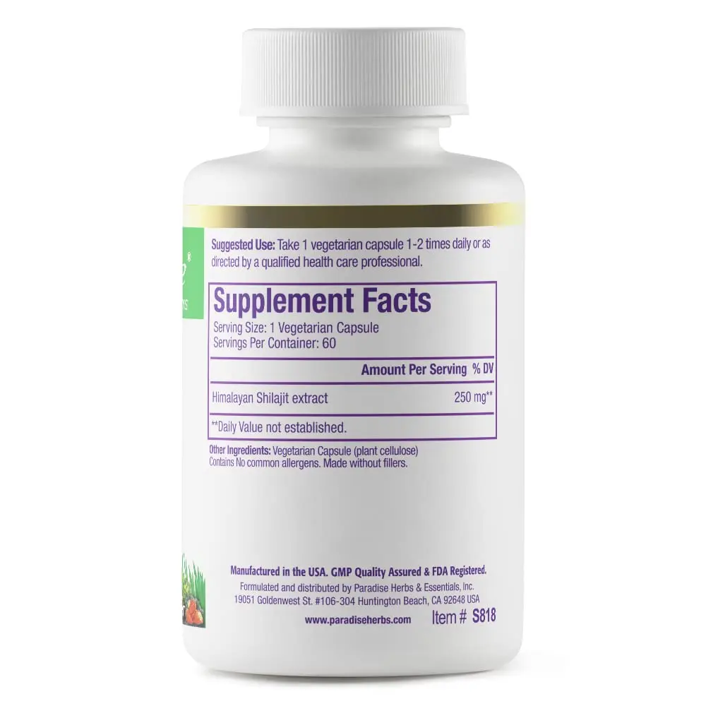 Bottle of Paradise Herbs Shilajit vegetarian capsules, a nutritional supplement.