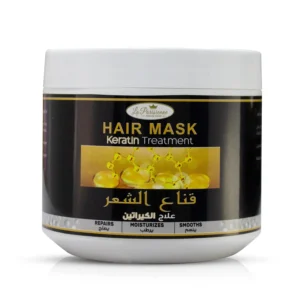 La Parisienne hair mask in a 500-gram tub, a deep conditioning treatment to nourish damaged, dry hair, repair split ends, and reduce frizz.