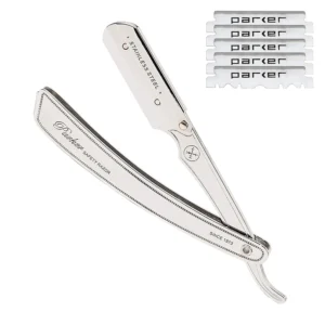 The Parker SRX heavy-duty stainless steel barber razor with rounded blade exposure and secure clip lock holds either single-edge or half double-edge blades, providing a professional shaving experience, and includes 5 Shark Super Stainless Blades.