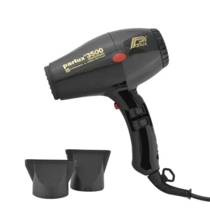 Compact 2000 watt black Parlux 3500 hair dryer with two concentrator nozzles and a nine foot cable.