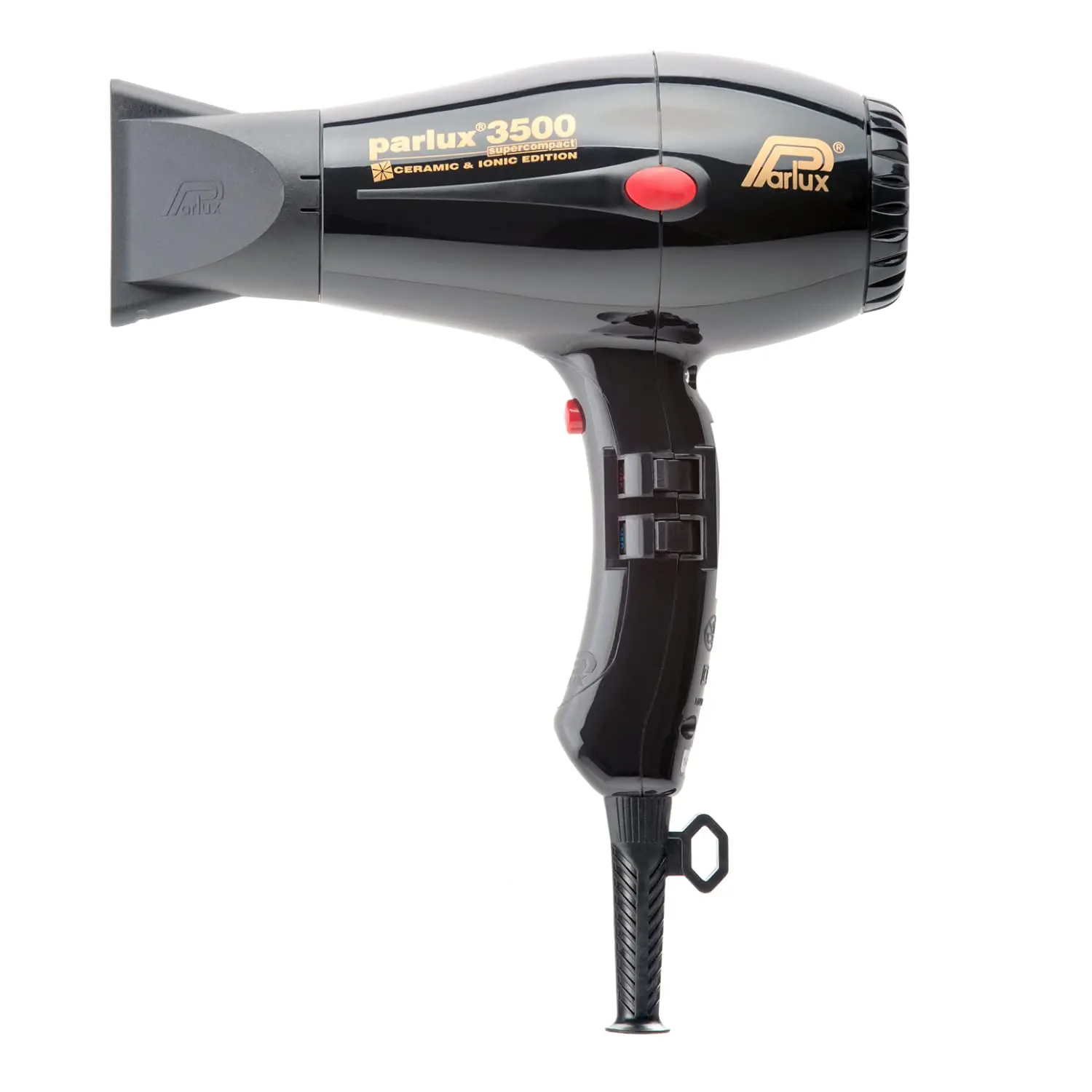 A professional Parlux 3500 compact black hair dryer with ceramic-ionic technology for healthy, shiny salon-quality hair.