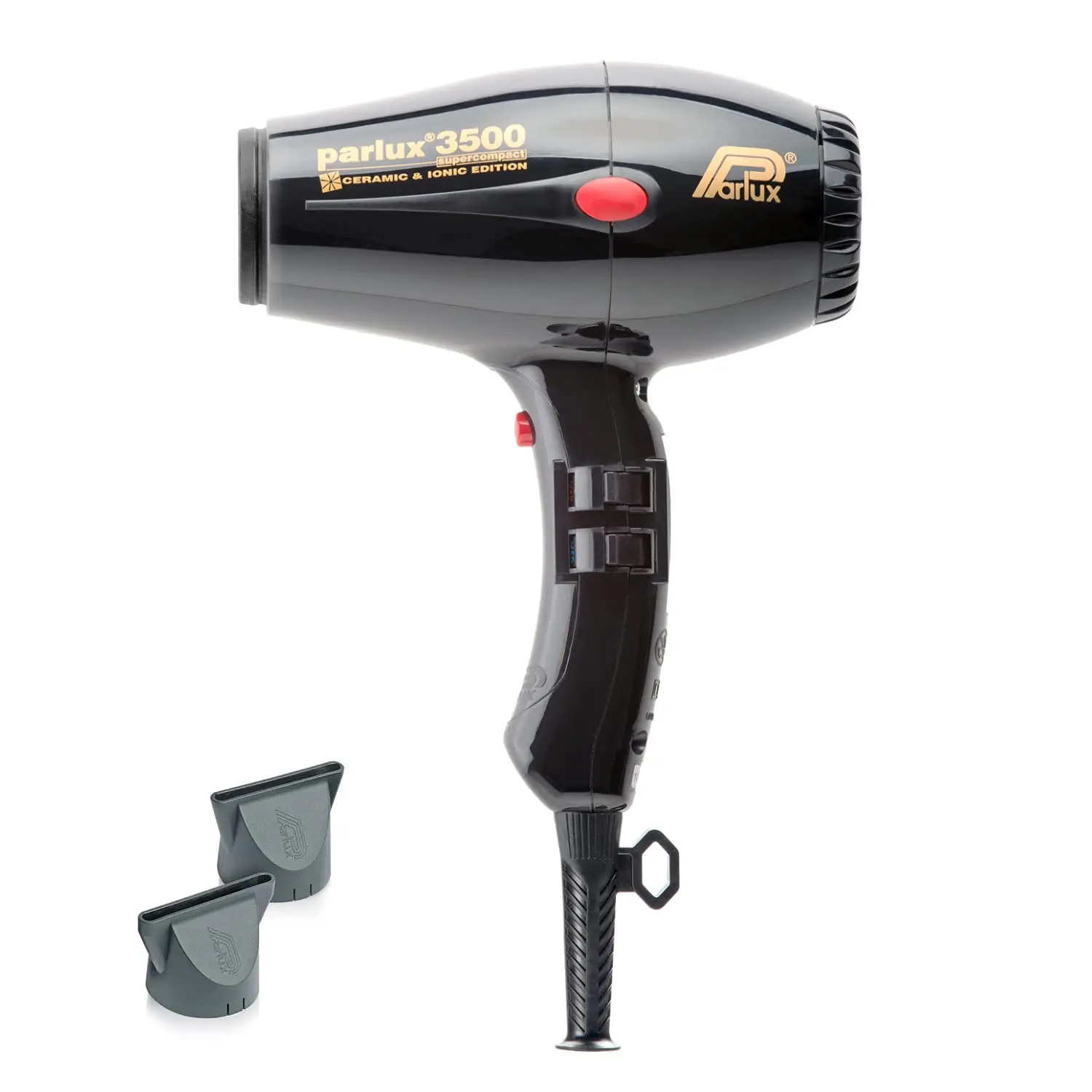 A professional Parlux 3500 compact black hair dryer with ceramic-ionic technology for healthy, shiny salon-quality hair.