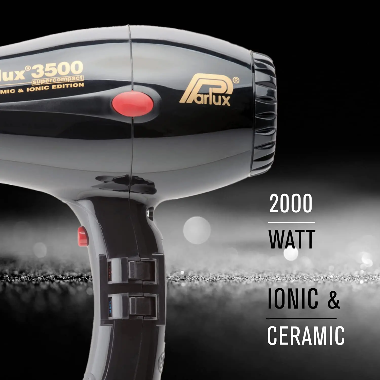 A professional Parlux 3500 compact black hair dryer with ceramic-ionic technology for healthy, shiny salon-quality hair.