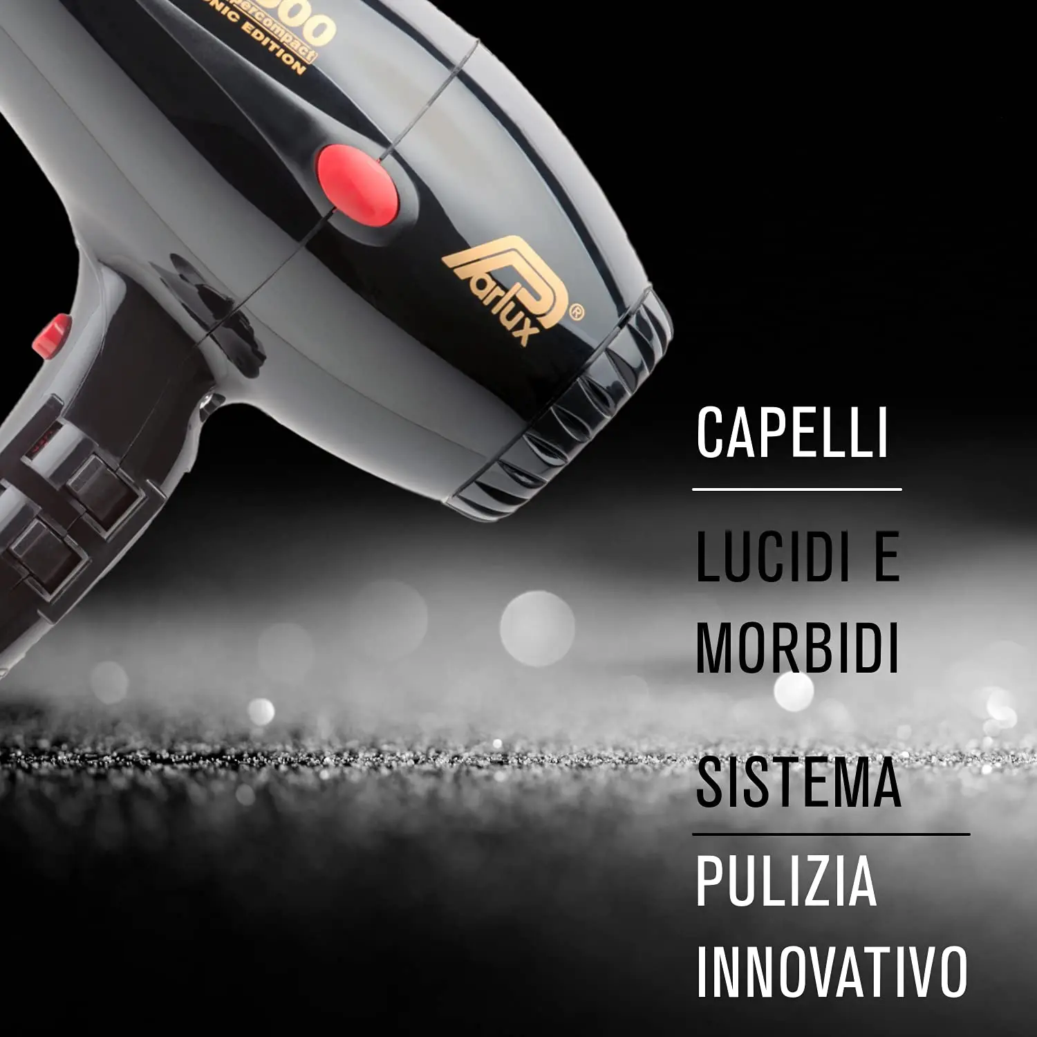 A professional Parlux 3500 compact black hair dryer with ceramic-ionic technology for healthy, shiny salon-quality hair.