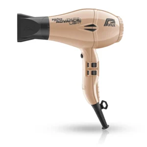 Gold Parlux Advance Light professional hair dryer with ionic ceramic technology, 2200 watts of power, two nozzles, and a nine-foot cable, made in Italy.