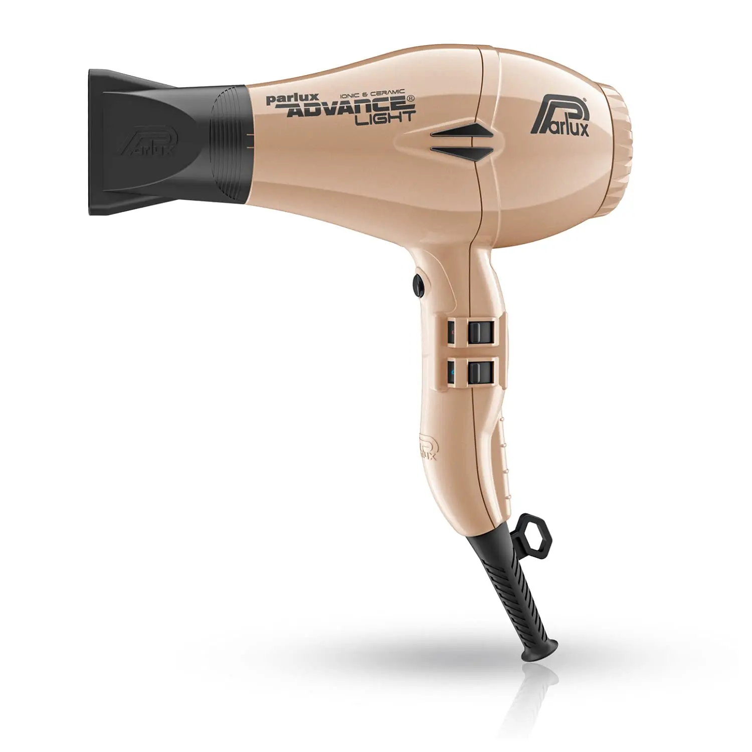 Gold Parlux Advance Light professional hair dryer with ionic ceramic technology, 2200 watts of power, two nozzles, and a nine-foot cable, made in Italy.