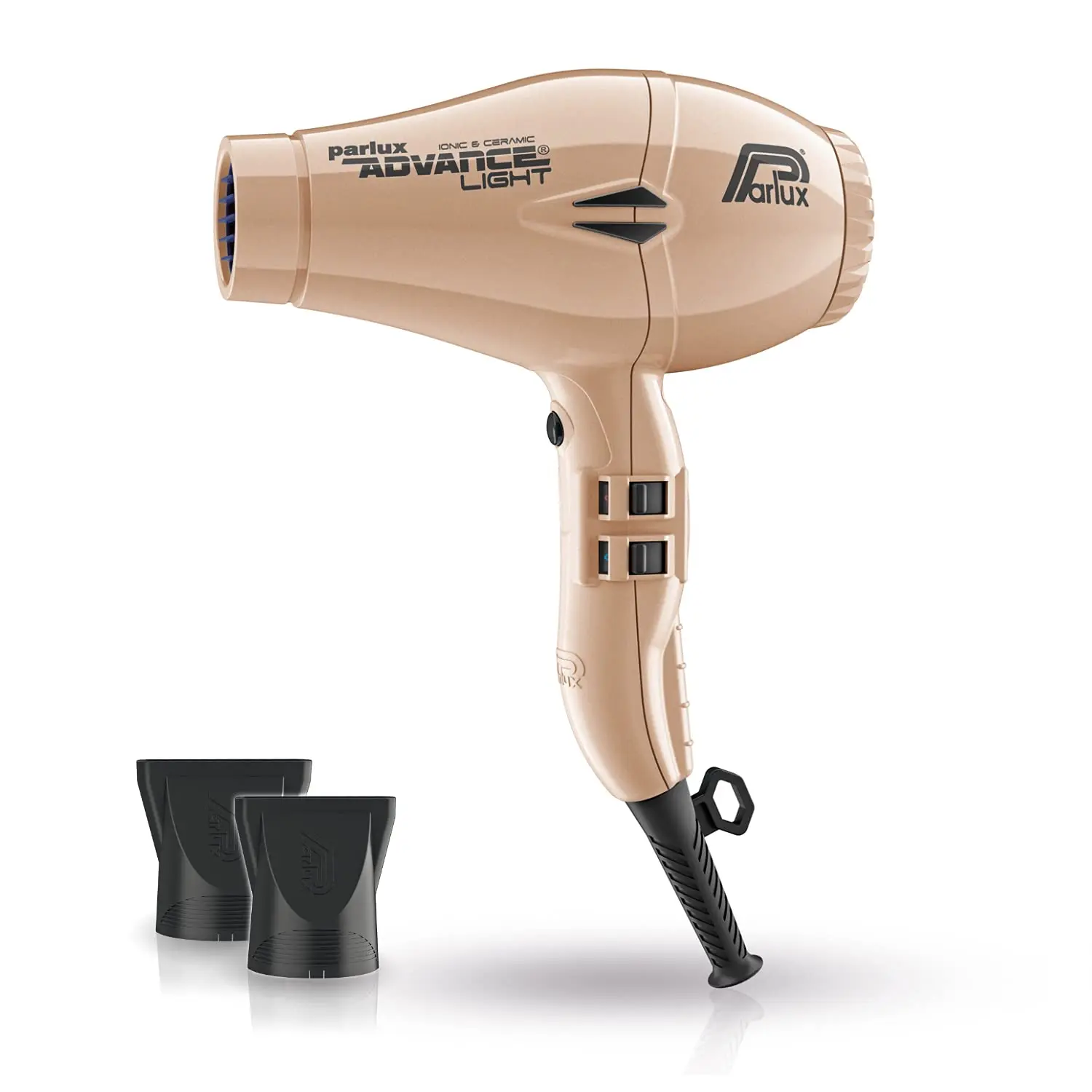 Gold Parlux Advance Light professional hair dryer with ionic ceramic technology, 2200 watts of power, two nozzles, and a nine-foot cable, made in Italy.