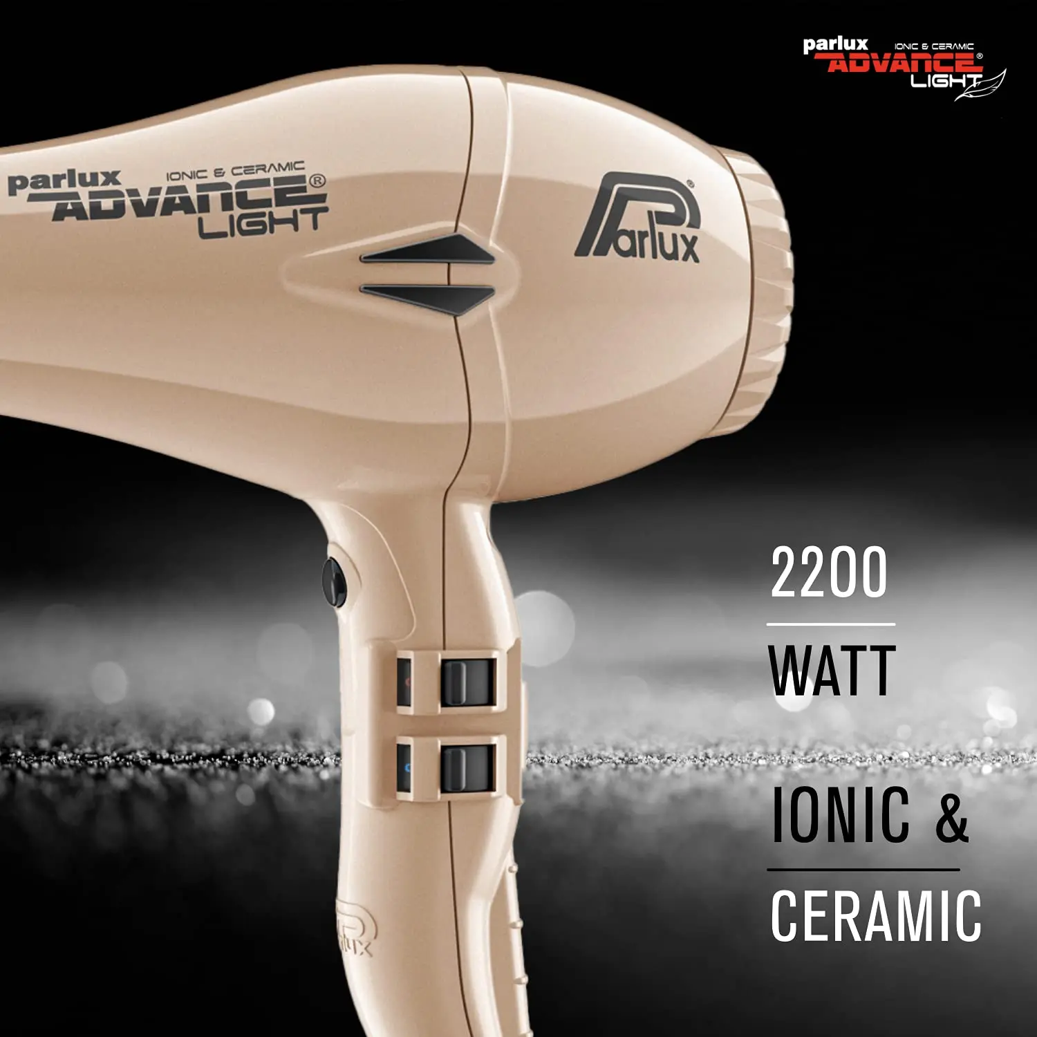 Gold Parlux Advance Light professional hair dryer with ionic ceramic technology, 2200 watts of power, two nozzles, and a nine-foot cable, made in Italy.