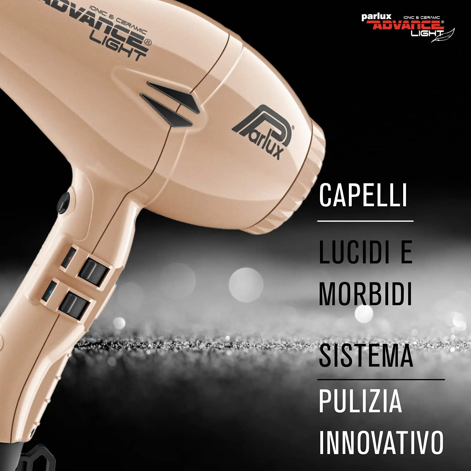 Gold Parlux Advance Light professional hair dryer with ionic ceramic technology, 2200 watts of power, two nozzles, and a nine-foot cable, made in Italy.