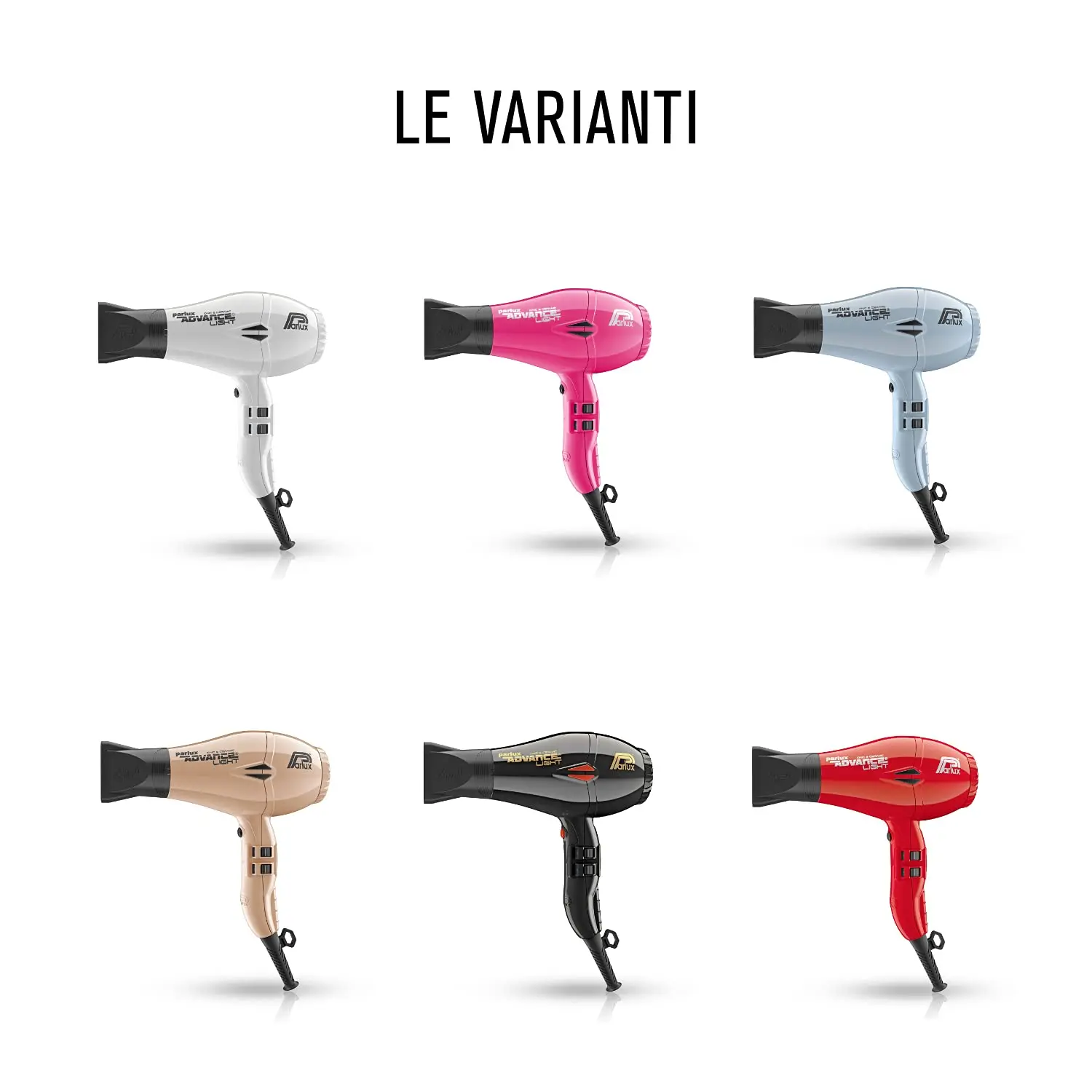 Gold Parlux Advance Light professional hair dryer with ionic ceramic technology, 2200 watts of power, two nozzles, and a nine-foot cable, made in Italy.