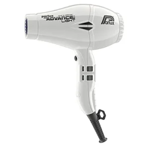 The Parlux Advance white hair dryer features ionic and ceramic technology, multiple speed and heat settings, and a cool shot button for achieving healthy, static-free hair.