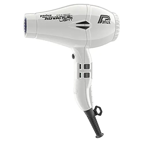 The Parlux Advance white hair dryer features ionic and ceramic technology, multiple speed and heat settings, and a cool shot button for achieving healthy, static-free hair.