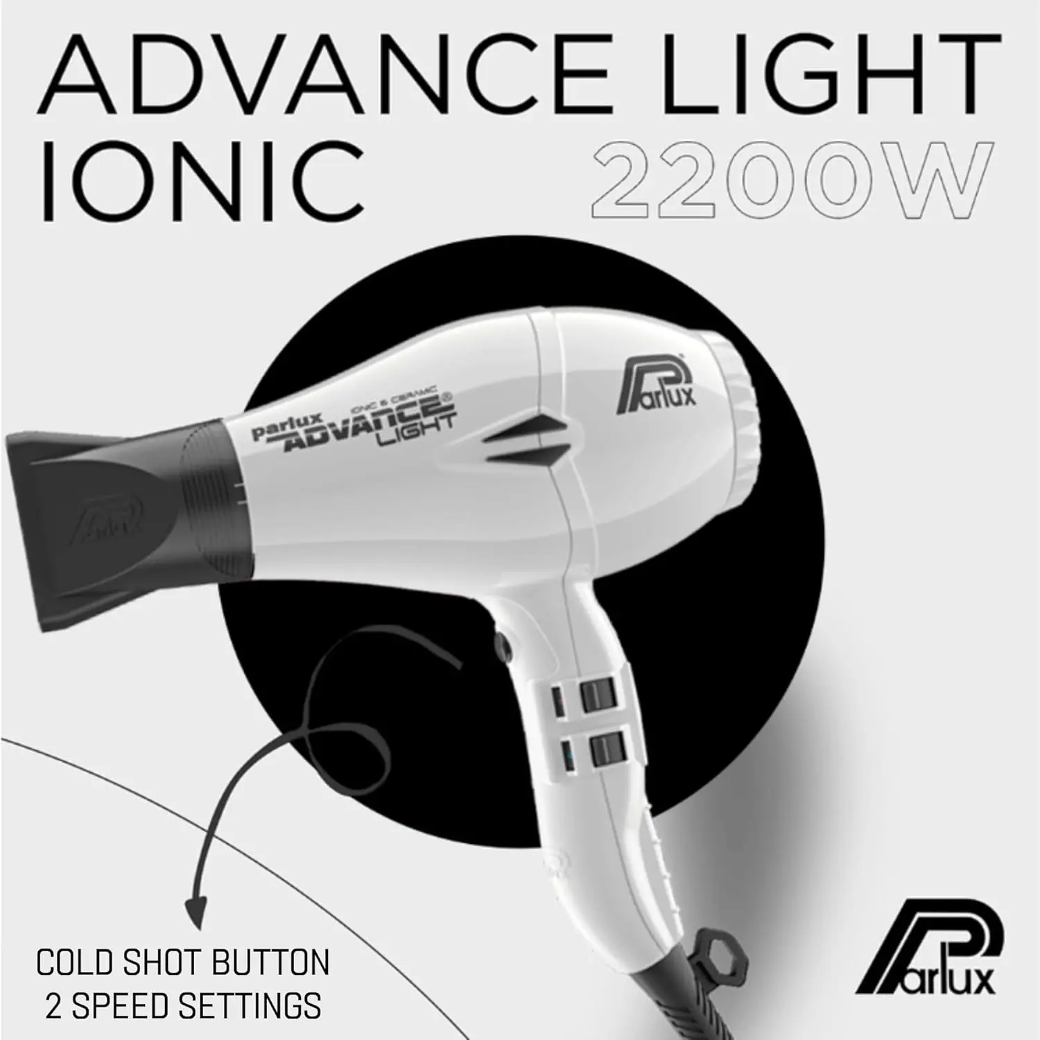 The Parlux Advance white hair dryer features ionic and ceramic technology, multiple speed and heat settings, and a cool shot button for achieving healthy, static-free hair.