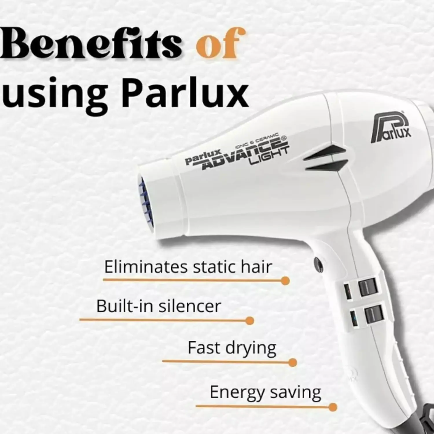 The Parlux Advance white hair dryer features ionic and ceramic technology, multiple speed and heat settings, and a cool shot button for achieving healthy, static-free hair.
