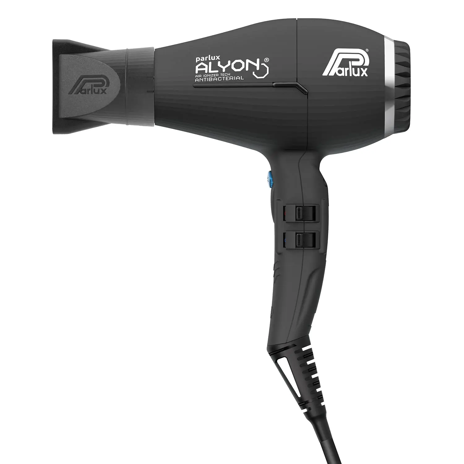 The Parlux Alyon Black Hair Dryer, a 2250-watt professional hair dryer with air ionizer, quickly dries hair while preserving natural moisture.