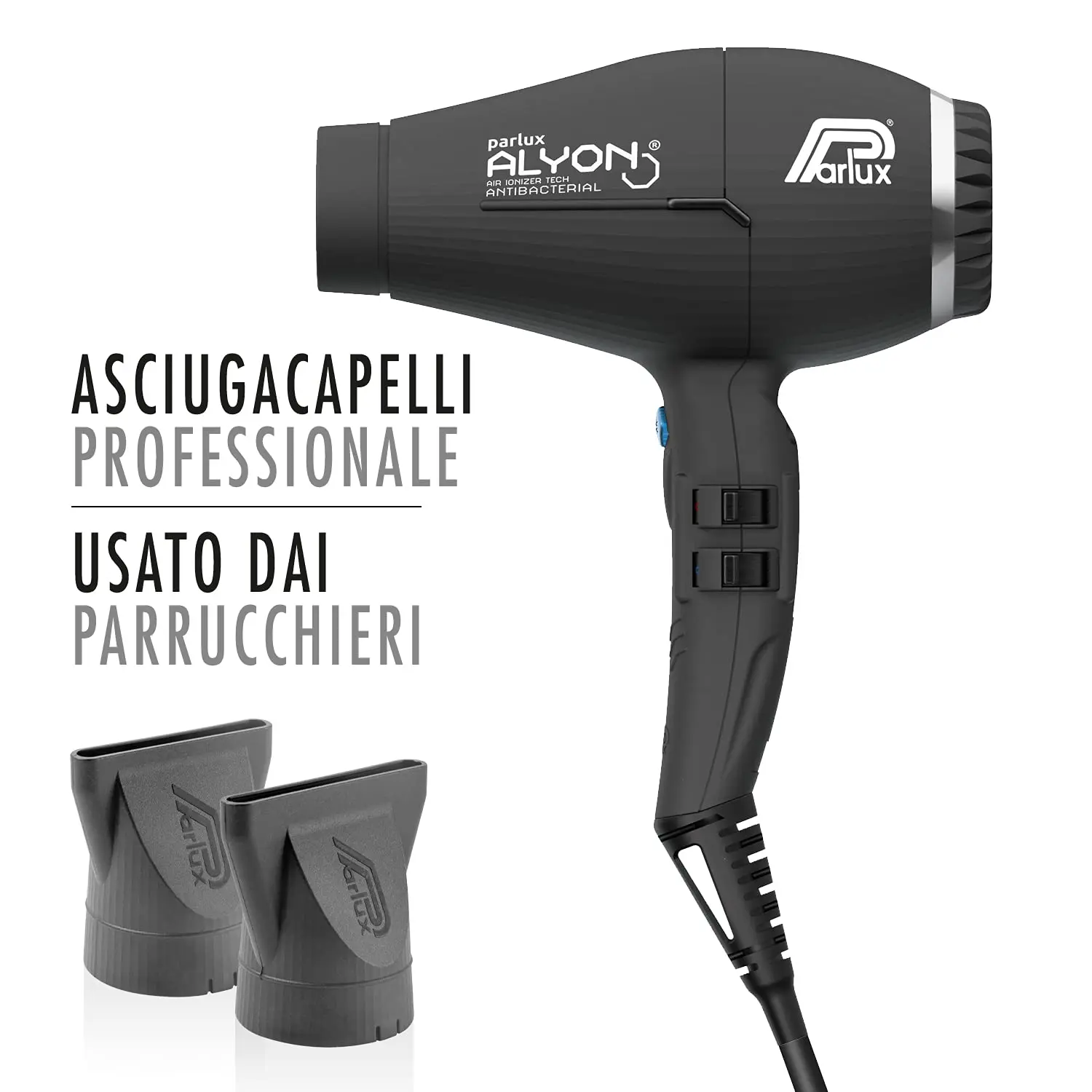 The Parlux Alyon Black Hair Dryer, a 2250-watt professional hair dryer with air ionizer, quickly dries hair while preserving natural moisture.