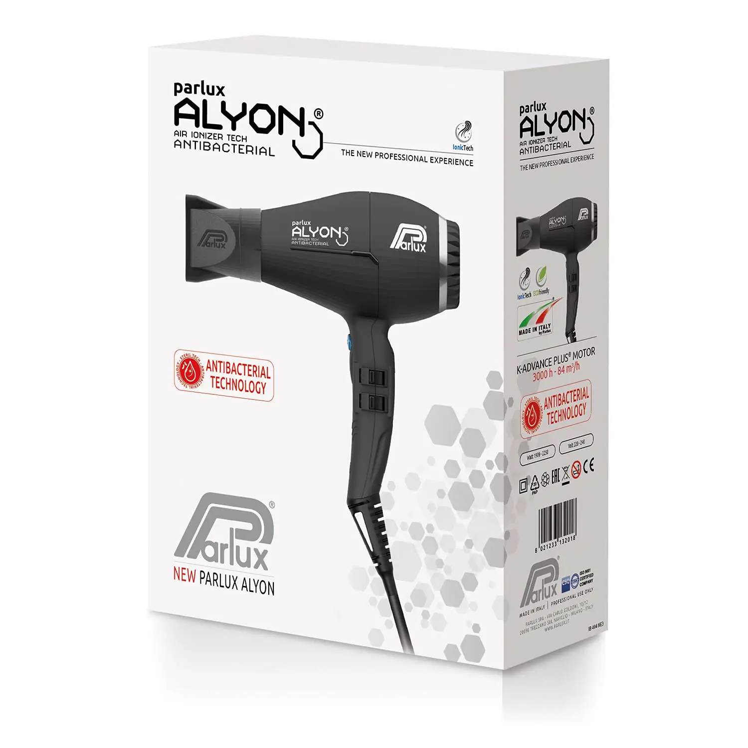The Parlux Alyon Black Hair Dryer, a 2250-watt professional hair dryer with air ionizer, quickly dries hair while preserving natural moisture.