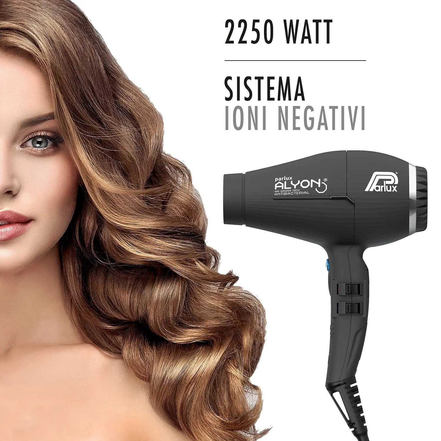 The Parlux Alyon Black Hair Dryer, a 2250-watt professional hair dryer with air ionizer, quickly dries hair while preserving natural moisture.