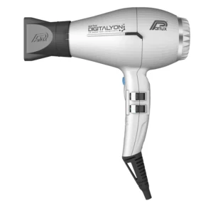 Silver Parlux DIGITALYON hair dryer featuring a powerful digital BLDC motor and durable plastic construction.