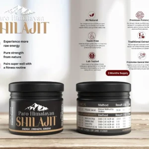 Paro Himalayan Shilajit resin jar with 40 servings, a sun-dried, vegan Ayurvedic superfood from the Himalayas, enriched with 24 Carat gold for enhanced absorption and stamina.