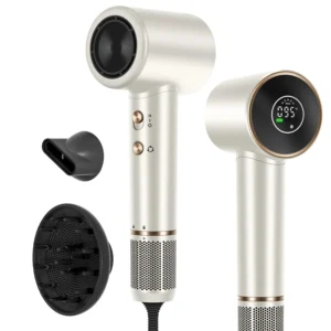 Silver PARWIN PRO Air-Sonic hair dryer with HD-LED display and magnetic attachments for fast, healthy, and ionic hair drying.