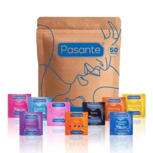 This Pasante condoms variety pack contains a mix of 50 non-spermicidal lubricated condoms in different types like ribbed, flavored, thin, and extra.