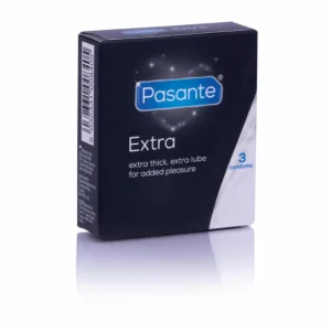 Three Pasante Extra Safe condoms in a pack, designed with extra thickness, non-spermicidal lubrication, and made from natural rubber latex for enhanced protection and a comfortable, secure fit.