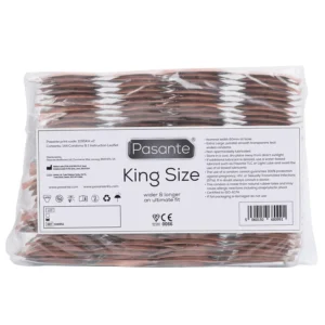 A box of 144 Pasante King Size condoms, wider and longer for a comfortable fit, featuring CE and Kitemark certification, and includes a key chain.