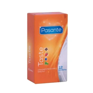 This image shows a pack of 12 Pasante mixed condoms, featuring a variety of coloured and flavoured options made from natural rubber latex for safe and exciting sexual experiences.