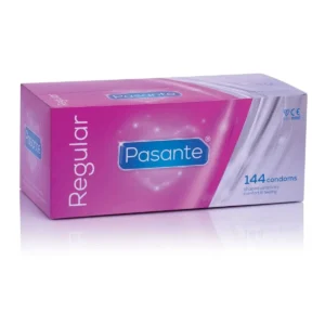 This is a value pack of 144 Pasante regular condoms, shaped for comfort, made from natural rubber latex, and safe to use with water and silicone based lubricants.