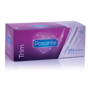 A pack of 144 Pasante Trim small condoms, designed for a closer, slimmer fit, lubricated for comfort and safe to use with water or silicone-based lubricants.