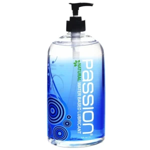 This is a bottle of Passion water-based personal lubricant for smooth, comfortable, and enhanced pleasure, designed for use with toys and condoms, and easy to clean.