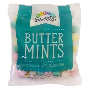 A bag of Party Sweets pastel-colored buttermints, unwrapped and ready for party favors or decorations, made with real butter and peppermint oil.