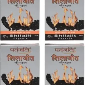 Four packs of Patanjali Shilajeet capsules, a natural supplement from India that helps in detoxifying the body.