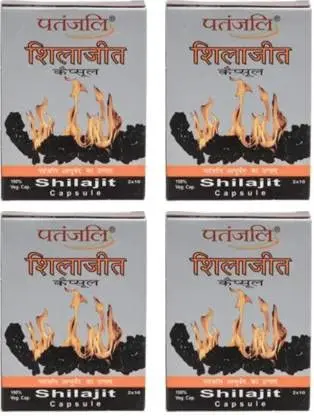 Four packs of Patanjali Shilajeet capsules, a natural supplement from India that helps in detoxifying the body.