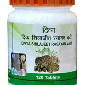 Bottle of 120 Patanjali Divya Shilajeet Rasayan Vati tablets for beauty and wellness.