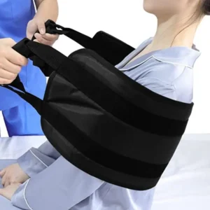 Padded patient transfer sling with double handles assists elderly and bedridden individuals with mobility, lifting legs, and turning over in bed, providing safe and comfortable patient care at home.