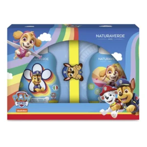 Naturaverde Paw Patrol gift set containing shampoo, shower gel and a fun slap bracelet, perfect for making bath time an enjoyable experience for kids.