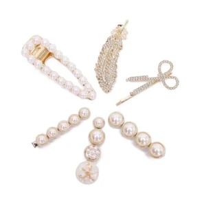 This set features six elegant gold pearl hair clips and metal barrettes, perfect hair accessories for women's headwear styling.