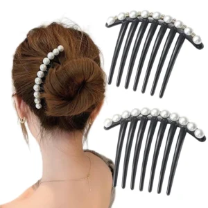 This image displays two vintage-style hair combs adorned with pearls and rhinestones, perfect for decorating hair buns and creating elegant updos for women.