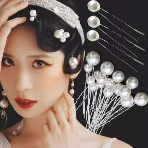 This set of 16 silver, U-shaped pearl hair pins are perfect hair styling accessories for brides and bridesmaids.