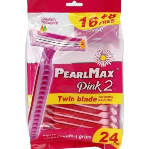 This image shows a pack of Pearl Max pink disposable razors for women, featuring twin blades, a comfort grip handle, and a MoistureRich strip for a smooth, irritation-free shave.